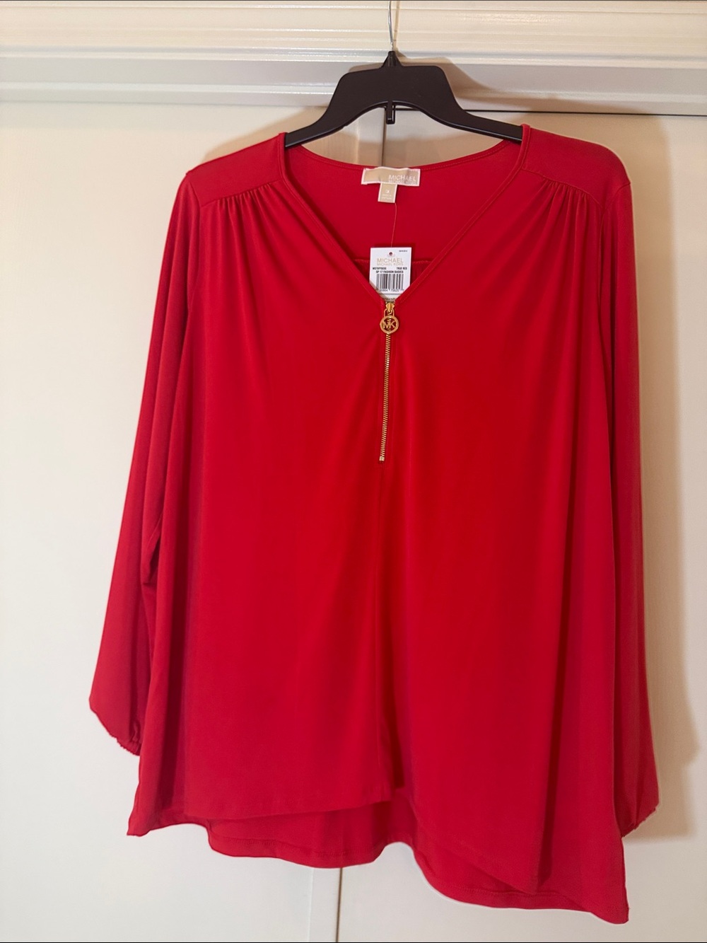 Michael Kors Women’s Red Zip-Detail V-Neck Blouse